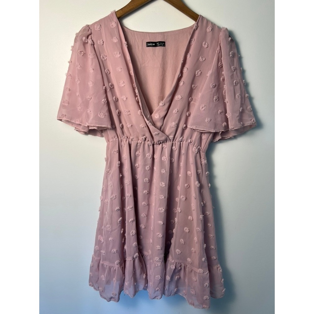 W‎ Sm Dress Pink Swiss Dot V-Neck Flutter Sleeve Ruffle Hem Cottagecore Feminine